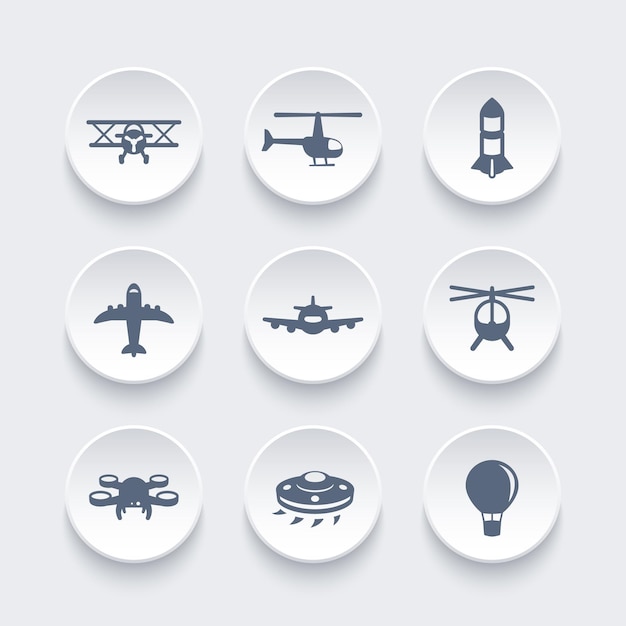 Vliegtuigen iconen set, vliegtuig, luchtvaart, luchtvervoer, helikopter, drone, tweedekker, buitenaards ruimteschip, luchtballon, vectorillustratie