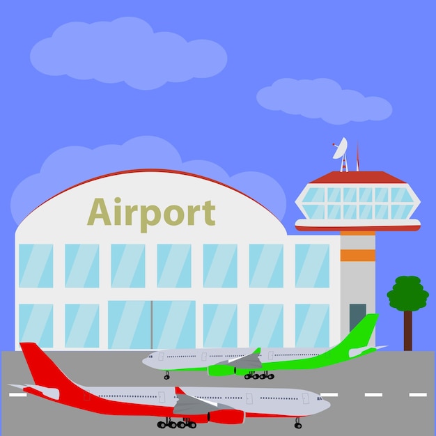 Vliegtuigen met blauwe luchtvektor van internationale luchthavens