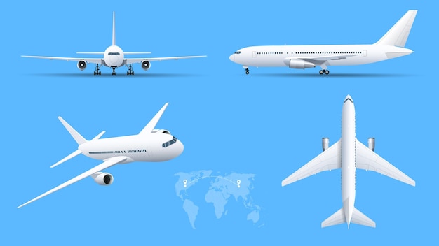 Vliegtuigen op blauwe achtergrond Industriële blauwdruk van vliegtuig Lijnvliegtuig in bovenzijde vooraanzicht Vlakke stijl vectorillustratie