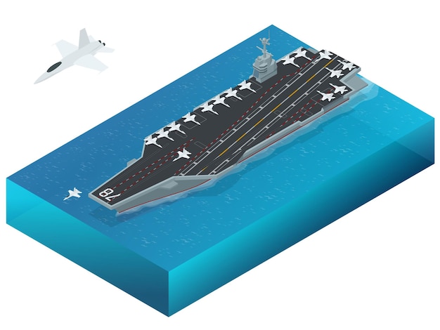 Vliegtuigen toegewezen aan het nucleair aangedreven vliegdekschip. Isometrische vector Amerikaanse marine Nuclear Aircraft carrier