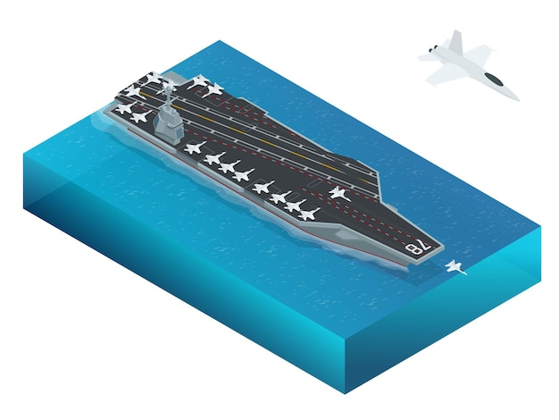 Vliegtuigen toegewezen aan het nucleair aangedreven vliegdekschip. isometrische vector amerikaanse marine nuclear aircraft carrier