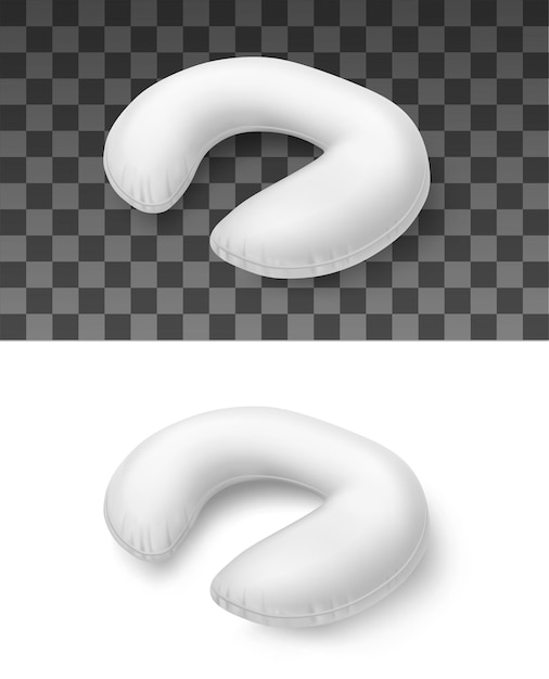 Vliegtuigkussen, wit realistisch reiskussen voor nek vector 3d mockup. Comfortabele accessoire voor slaap en ontspanning in vliegtuig, opblaasbaar of katoenen gebogen kussen geïsoleerd op transparante achtergrond