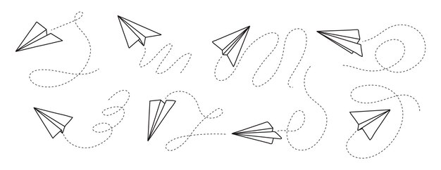 Vliegtuigpictogram met vliegroute vector Papieren vliegtuig in de hand getekende stijl Overzicht papieren vliegtuig Doodle bericht sms e-mailsymbolen