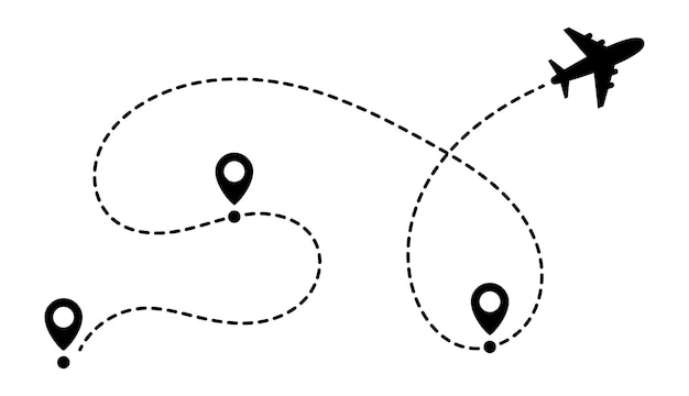 Vliegtuigroute met gestreepte lijn trajectoire van vliegtuig vluchtroute icoon kaart locatie wijzer locatie
