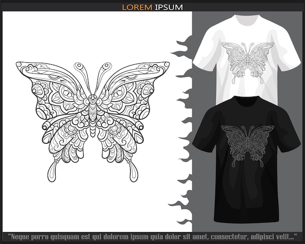Vlinder mandala arts geïsoleerd op zwart-wit t-shirt