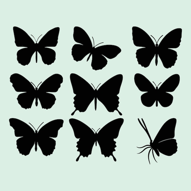 Vlinder zwarte silhouet set verschillende soorten vliegende vlinder iconen en vector illustratie