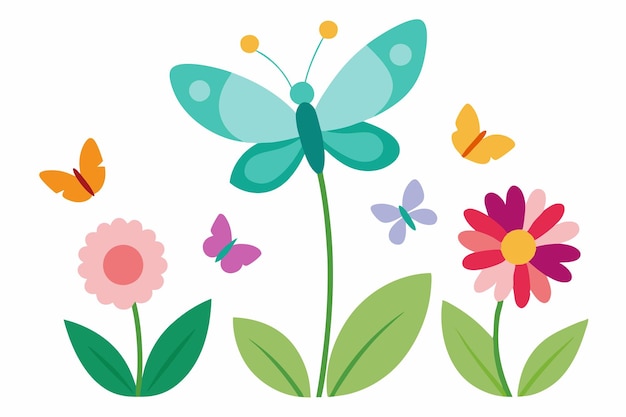 Vlinders en libellen in een bloementuin vectorillustratie op witte achtergrond