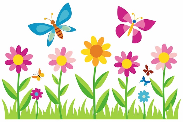 Vlinders en libellen in een bloementuin vectorillustratie op witte achtergrond