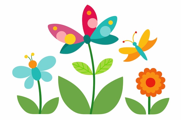 Vlinders en libellen in een bloementuin vectorillustratie op witte achtergrond