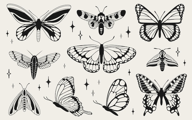 Vector vlinders en motten y2k esthetische handgetekende vectorgrafiek in trendy retro 2000s stijl