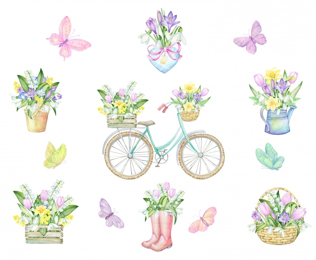 Vlinders, fiets, plantenbakken, hart, rubberen laarzen, karzinka, houten kist, gieter, boeketten bloemen. Aquarel set. Tekening, op een lentethema.