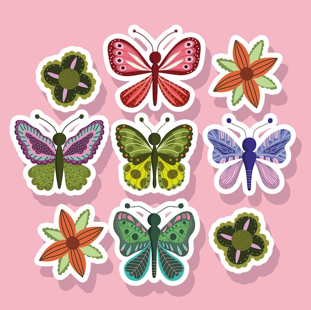 Vector vlinders insecten natuur dieren in stickerstijl op roze