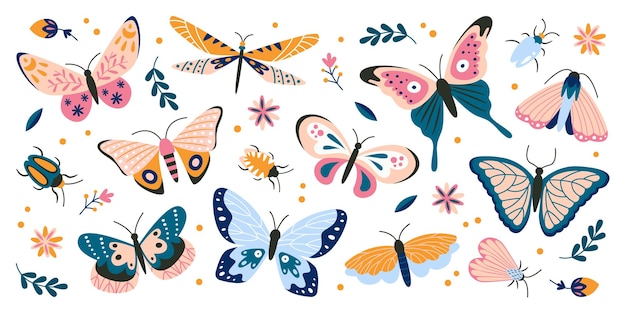 Vlinders met abstracte bloemmotief plat pictogrammen set Kleurrijke insecten met bloemen decor op vleugels Zomer decoratieve vintage kevers Kleur geïsoleerde illustraties