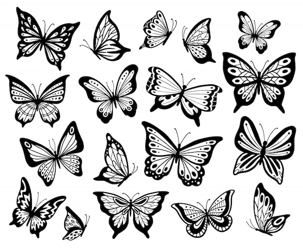 Vlinders tekenen. Stencilvlinder, mottenvleugels en vliegende insecten geïsoleerde illustratiereeks