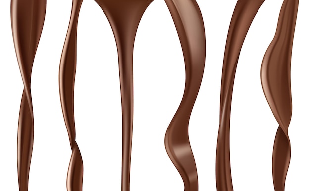 Vloeibare chocoladestroom. vloeiende heerlijke saus of donkere chocolade vector realistische afbeeldingen. illustratie stroom vloeibare druppel, voedsel dessert chocolade