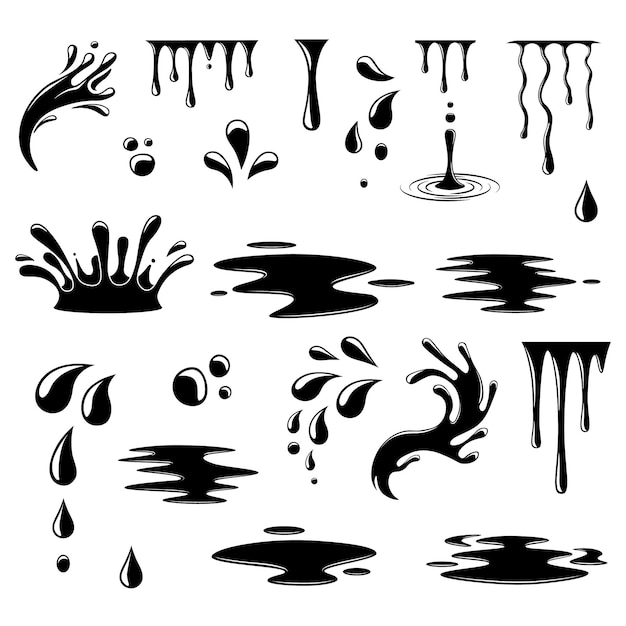 Vector vloeibare druppels liquide druppels en splash set silhouette vloeibare elementen set