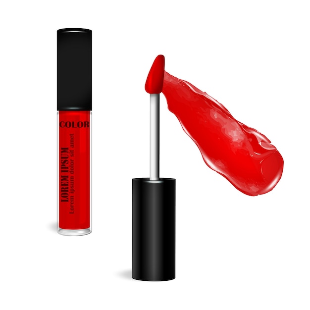 Vector vloeibare lippenstift lipgloss in glazen fles met zwarte deksel open en gesloten container met geïsoleerde borstel make-up uitstrijkje