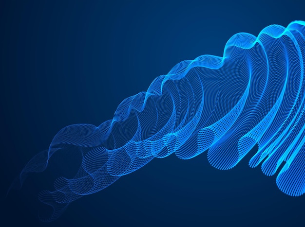 Vloeiende magische deeltjes zwaaien over donker, transparant tule textiel op wind, dynamische bewegingscurvelijnen. 3D-vectorillustratie. Mooie kalmerende golfvormige reeks van gemengde punten.