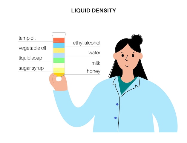 Vloeistofdichtheidsexperiment Afzonderlijke vloeistoffenkolom met kleurrijke materialen platte vectorillustratie