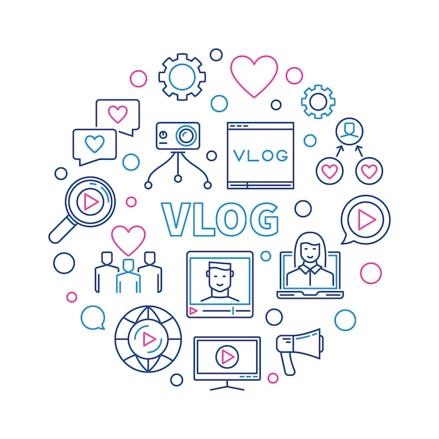 Vlog rotondo creativo illustrazione lineare