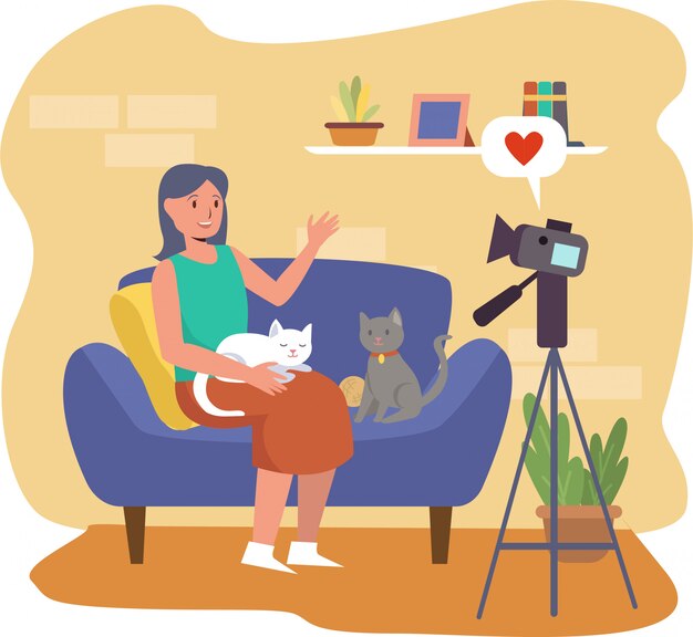 Vector vlogger woman is making a vlog about pets