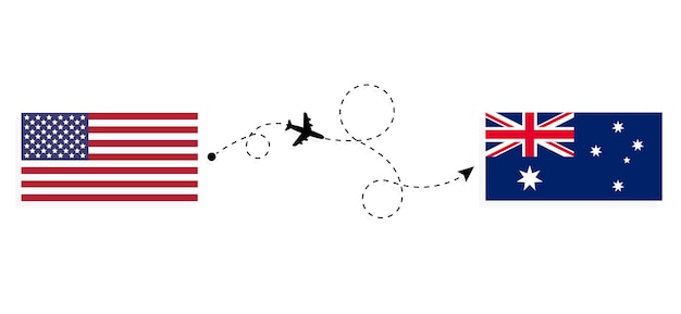 Vlucht en reis van de VS naar Australië per passagiersvliegtuig Reisconcept