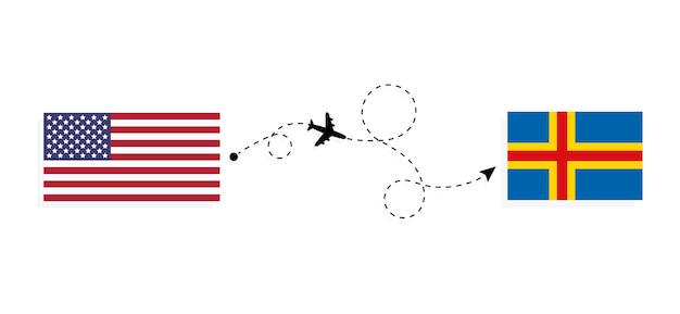 Vlucht en reizen van de vs naar aland per passagiersvliegtuig reisconcept