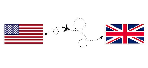 Vlucht en reizen van de VS naar het Verenigd Koninkrijk van Groot-Brittannië per passagiersvliegtuig Reisconcept