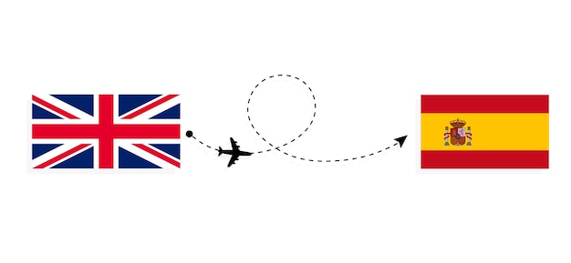 Vlucht en reizen van het Verenigd Koninkrijk van Groot-Brittannië naar Spanje per passagiersvliegtuig Reisconcept