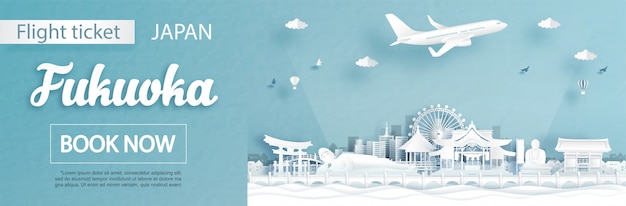 Vlucht en ticket advertentiesjabloon met reisconcept naar Fukuoka, Japan en beroemde bezienswaardigheden