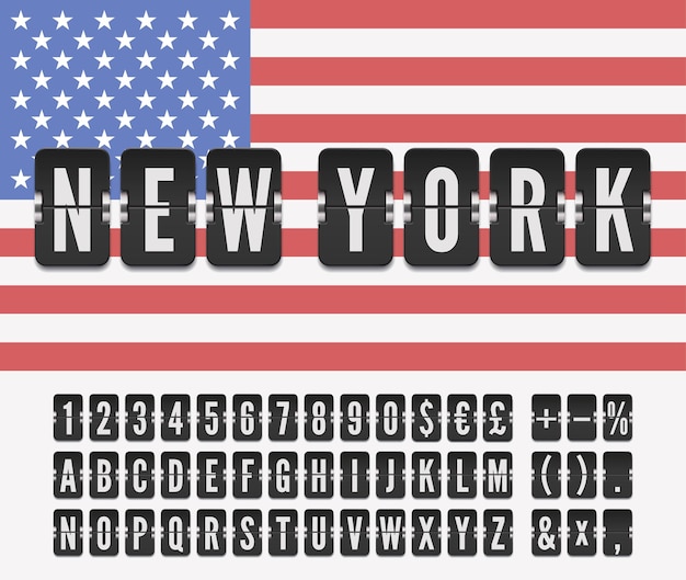 Vluchtinfobord van bestemming in New york met mechanische luchthaven flip scorebord lettertype en vlag van de V.S. Vectorillustratie