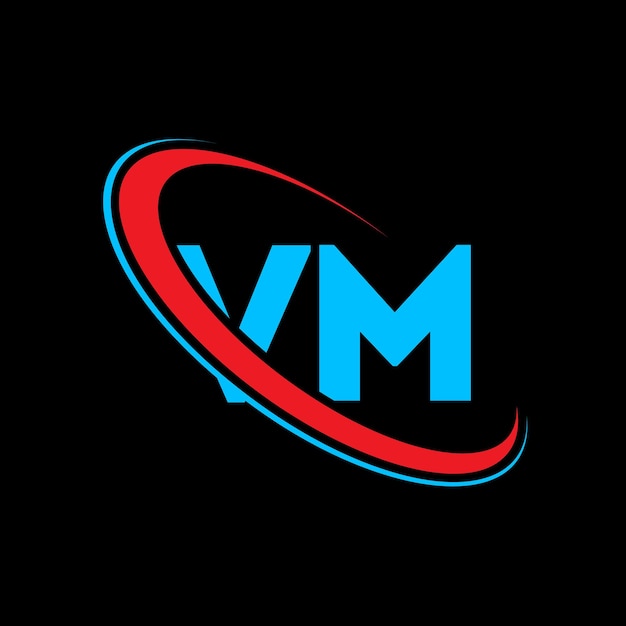 VM 로고 디자인: 첫 번째 글자, VM 연결된 원, 대문자 모노그램 로고, 빨간색과 파란색, VM 로고