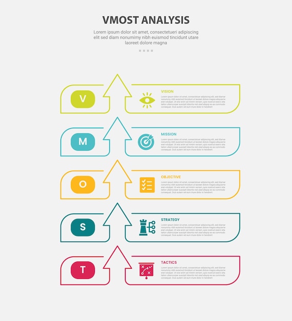 vmost анализ инфографического стиля с шаблоном из 5 пунктов с творческим контейнером с стрелкой в верхней части структуры стека для презентации слайдов