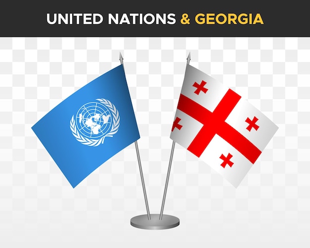 VN Verenigde Naties vs Georgië bureau vlaggen mockup geïsoleerde 3d vector illustratie tafel vlaggen