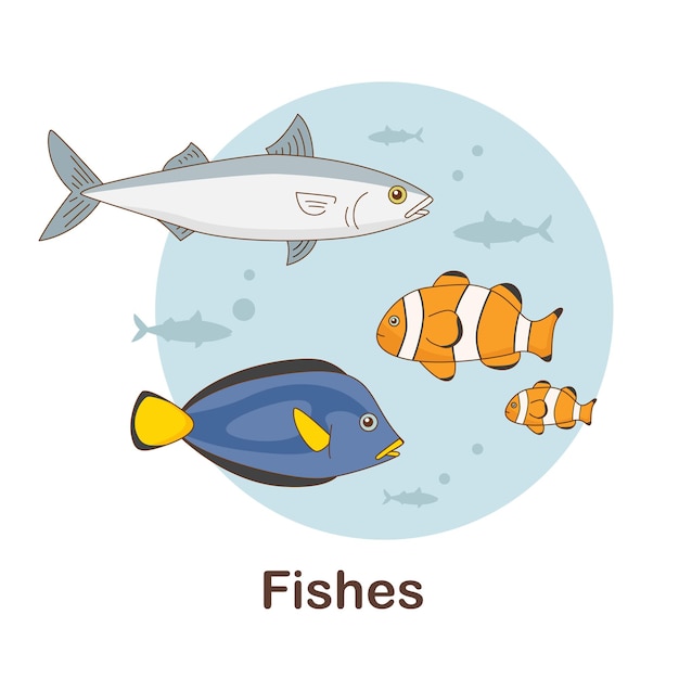 아이들을 위한 어휘 플래시 카드. 물고기 그림이 있는 물고기