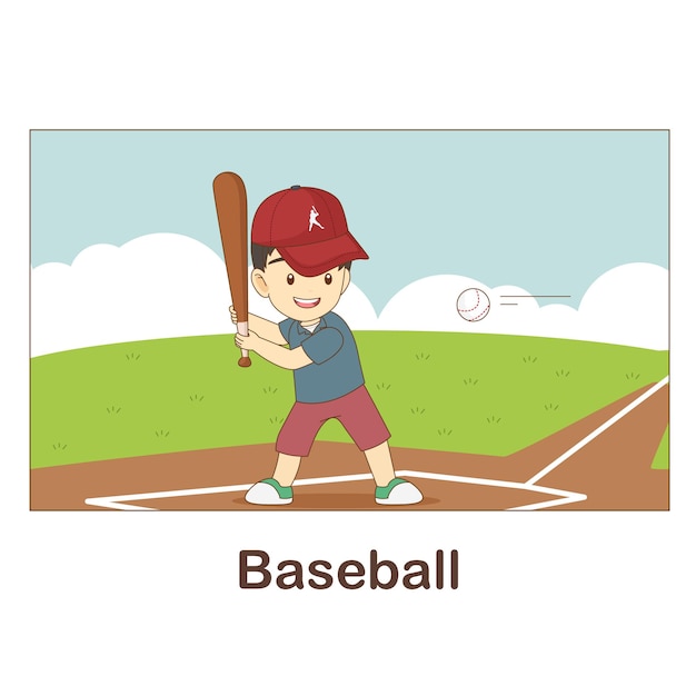 子供のための語彙フラッシュカード。野球と野球の写真付き（CEFRの語彙：A1-A2レベル）