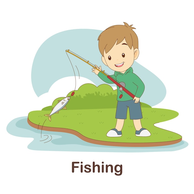 Vocabulary flash card for kids. fishing with picture of fishing