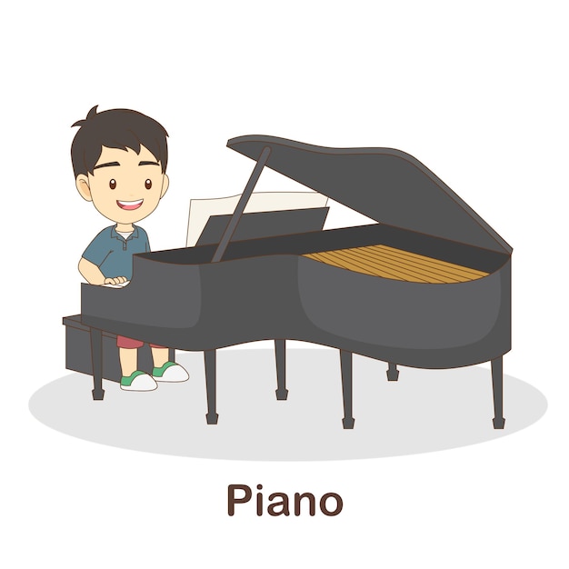 Vettore flash card di vocabolario per bambini. piano con foto di pianoforte