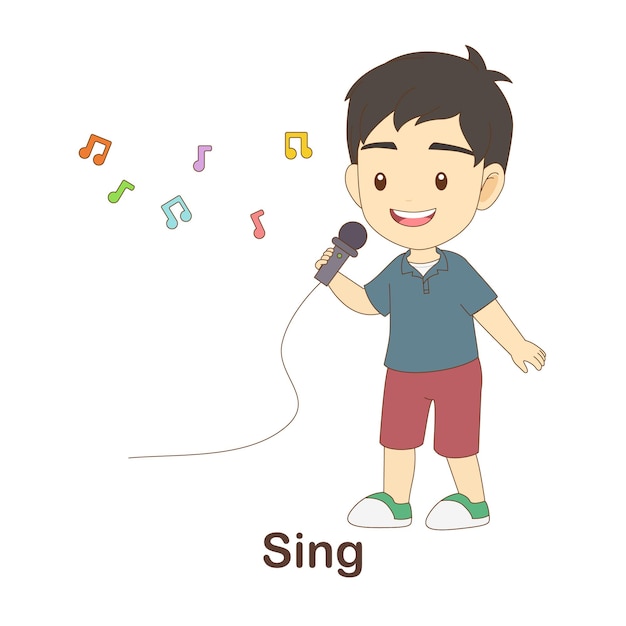 Vettore flash card di vocabolario per bambini. canta con l'immagine di cantare