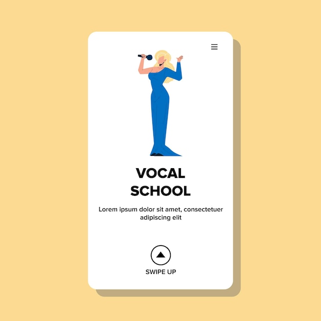 Vocal school girl student uitvoeren van lied vector. jonge vrouw zanger in mooie jurk met microfoon zingen lied in vocal school. karakter muziek onderwijs web platte cartoon afbeelding