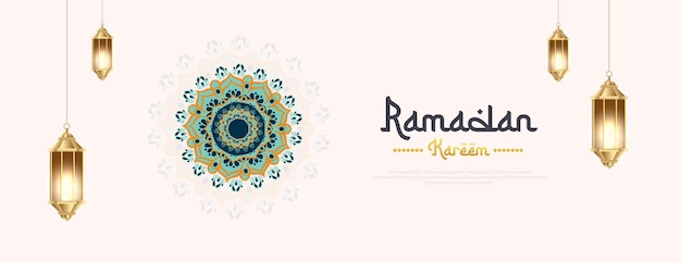 Voctor ramadan kareem banner design con illustrazione vettoriale di mandala o lanterna