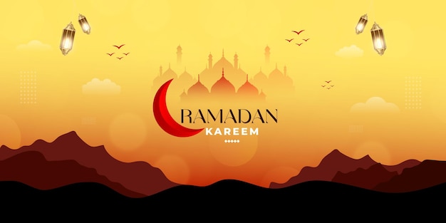 Voctor Ramadan kareem wenst het ontwerp van de kaartbanner met moskee of maan vectorillustratie
