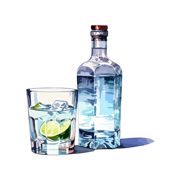 Vodka in una bottiglia con un'illustrazione di clipart vettoriale in vetro con sfondo isolato