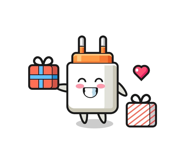 Voedingsadapter mascotte cartoon die het geschenk geeft, schattig ontwerp
