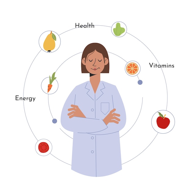 Voedingsdeskundige arts Concept van gezonde levensstijl en biologische voeding Gezondheidszorg Vector stock illustratie in vlakke stijl op witte achtergrond