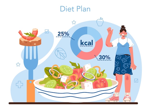 Vector voedingsdeskundige concept dieettherapie met gezonde voeding en lichaamsbeweging