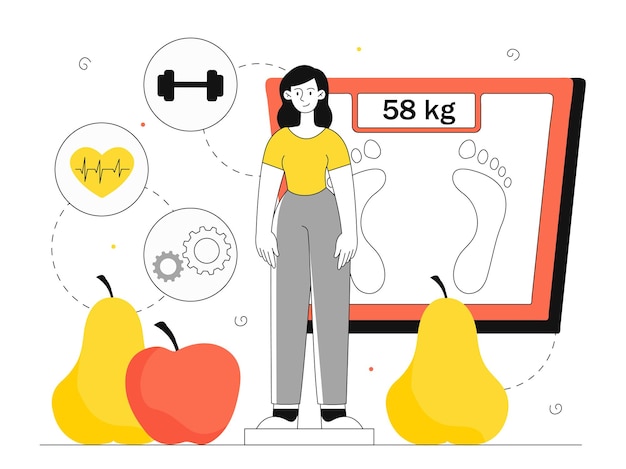 Vector voedingsdeskundige met fruitlijnconceptvrouw dichtbij appel en peren dichtbij schalen met actief gewicht en