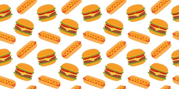 Voedsel achtergrond naadloos patroon met hamburger en hotdog Amerikaans fastfood