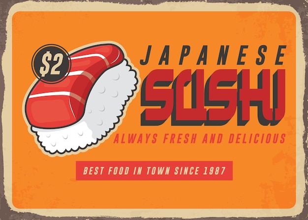 Voedsel bord met verse en heerlijke sushi Japans restaurant retro teken vector ontwerpsjabloon