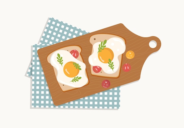 Voedsel. Eenvoudig ontbijt, toast met ei, granaatappel en rucola. Vectorillustratie voor banner, flyer, dekking, advertentie, menu, poster.